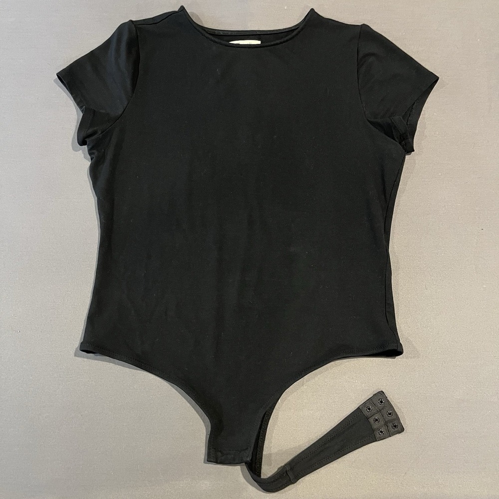Madewell Bodysuit Short Sleeve Snap Size XL Black Bodycon Y2K Preppy Goth